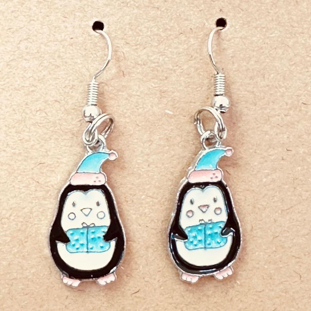 Handmade Penguin Gift Earrings Winter Enamel Stainless Steel Dangle Hooks Animal